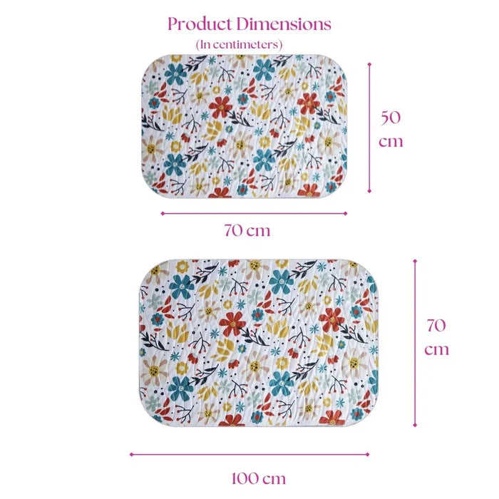 Size chart — Medium 50x70 cm and Large 70x100 cm baby dry sheet