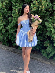 Blue - Square Neck A Line Satin Homecoming Dresses With Bow