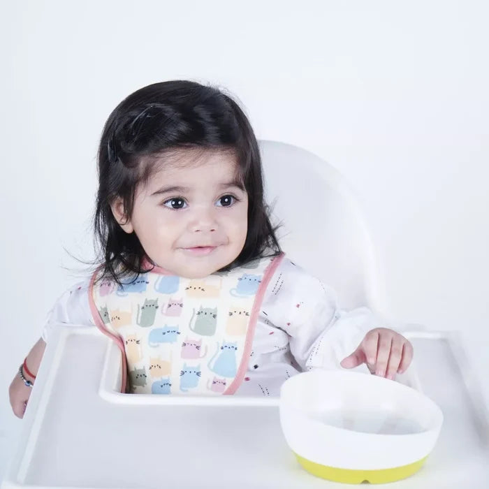 Baby Wearing Happy Matty Cat Print Waterproof Bib During Mealtime