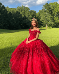 Ball Gown Lace Off-the-Shoulder Red Quinceanera Dress