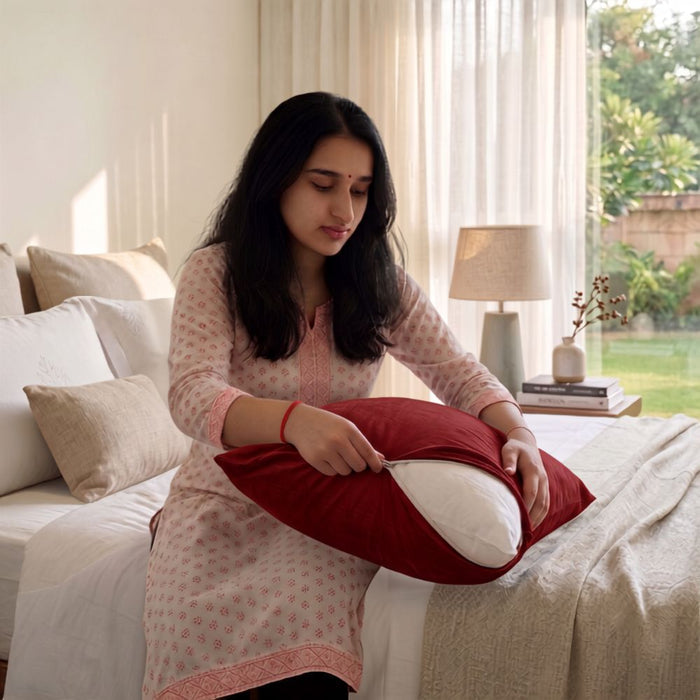 A woman sits on a bed holding a red and white decorative pillow in a bright, modern bedroom setting.