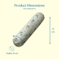 Happy Matty Nautical Print Cuddle Bolster Pillow Size Guide – 51 cm Length, 43 cm Circumference Radius