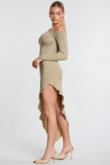 Long Sleeve Off-The-Shoulder Modal Cashmere Blend Maxi Dress in Taupe