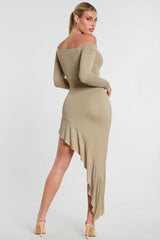 Long Sleeve Off-The-Shoulder Modal Cashmere Blend Maxi Dress in Taupe