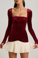 Layered Pleated Corset Mini Dress in Wine Red