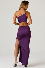 Ruched Asymmetric-Waist Maxi Skirt in Plum