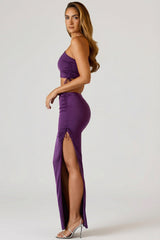 Ruched Asymmetric-Waist Maxi Skirt in Plum
