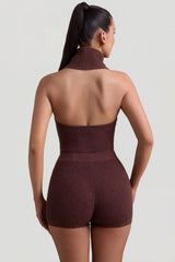 Ribbed-Knit Turtleneck Backless Top in Espresso