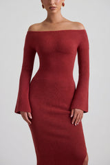 Ribbed-Knit Off-Shoulder Maxi Dress in Brick Red