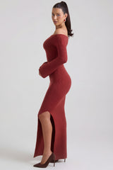 Ribbed-Knit Off-Shoulder Maxi Dress in Brick Red