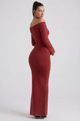 Ribbed-Knit Off-Shoulder Maxi Dress in Brick Red