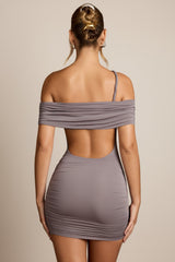 Off-Shoulder Draped Mini Dress in Steel Grey