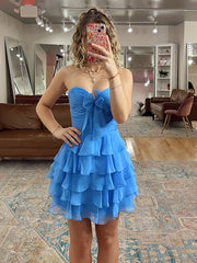 Blue - A Line Tulle Ruffles Sweetheart Short Homecoming Dresses with Bow