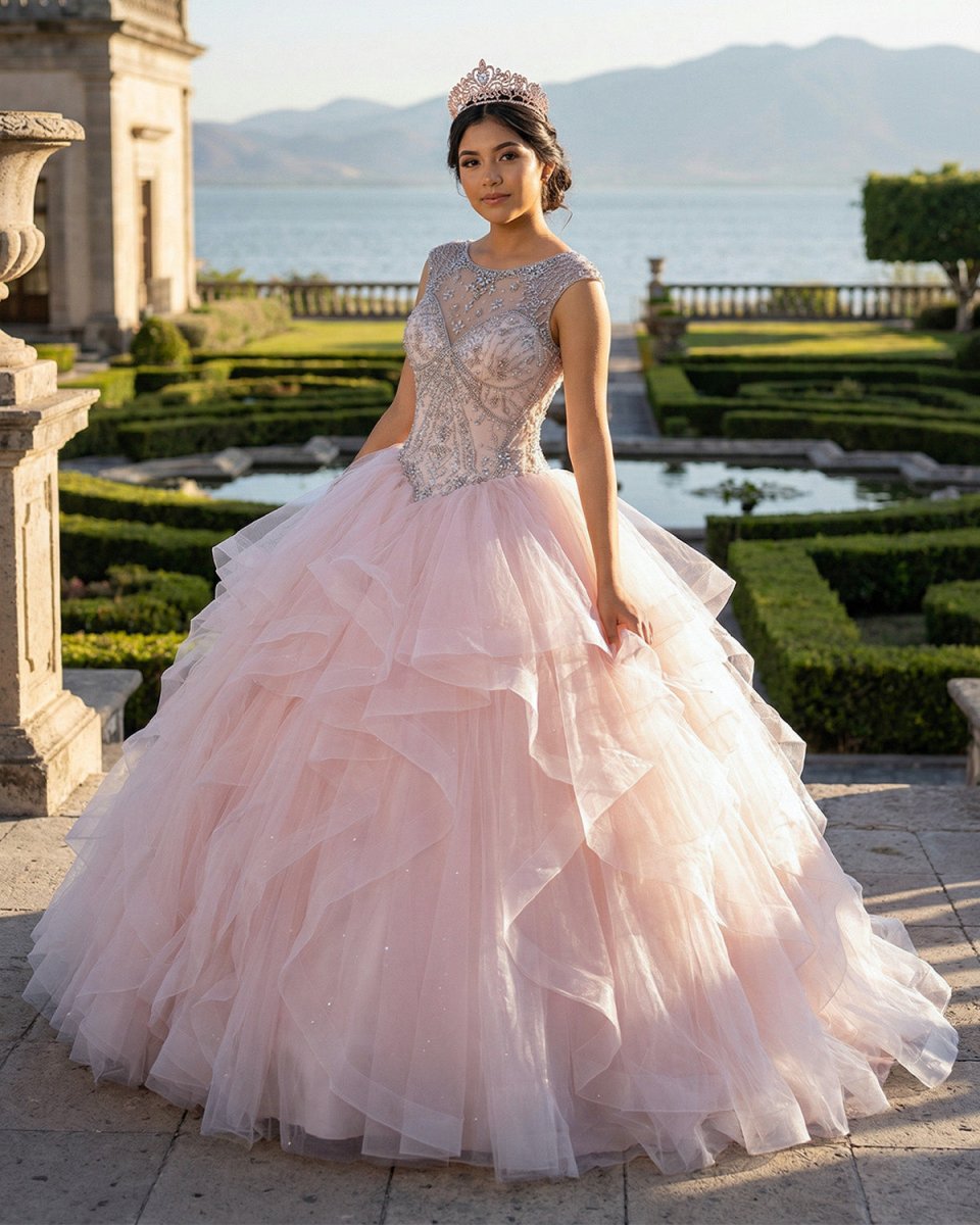 Ball Gown See Through Neck Tulle Blush Pink Quinceanera Dresses