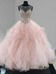 Ball Gown See Through Neck Tulle Blush Pink Quinceanera Dresses