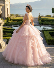 Ball Gown See Through Neck Tulle Blush Pink Quinceanera Dresses