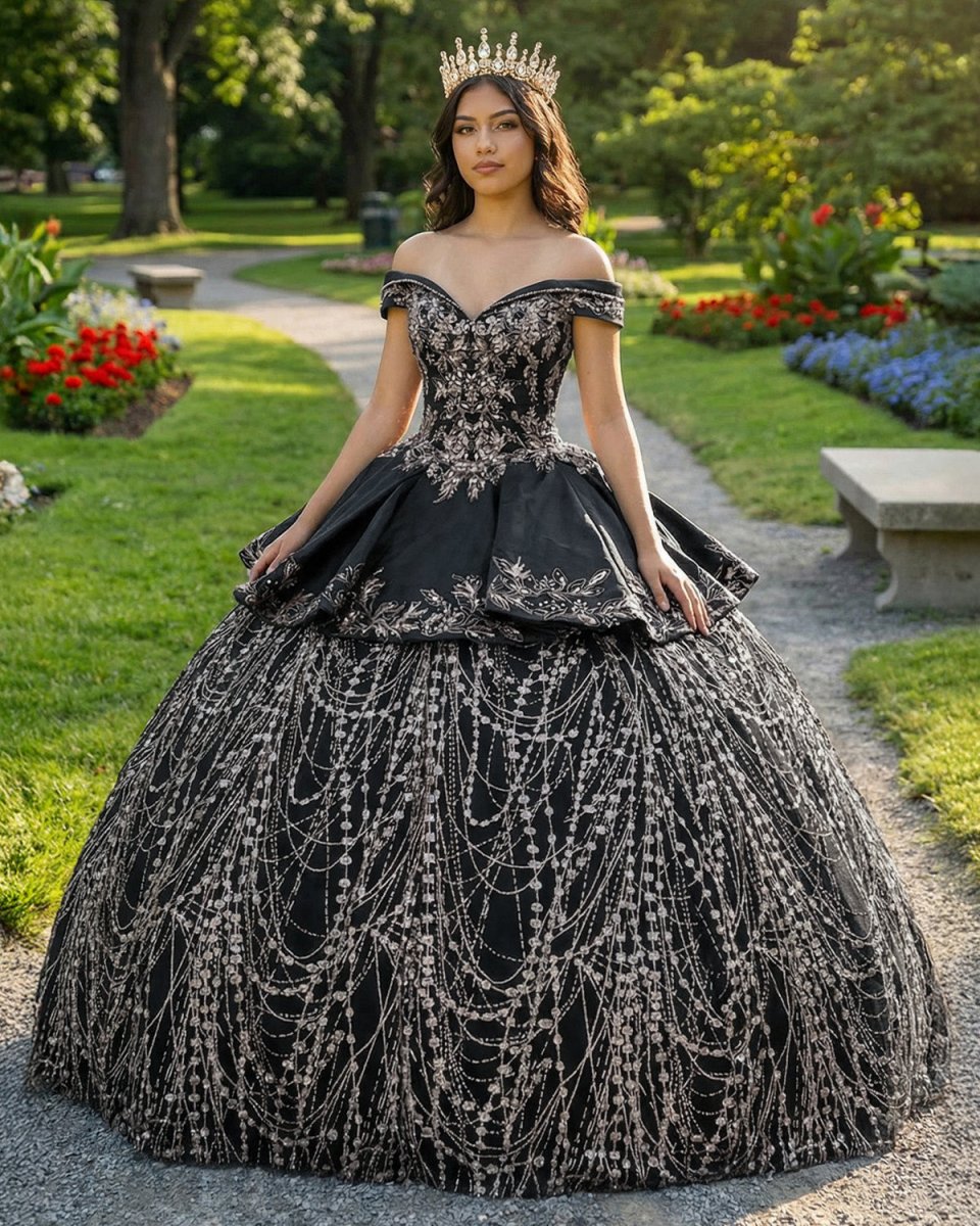 Black Satin Appliques Off-the-Shoulder Quinceanera Dress