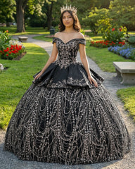 Black Satin Appliques Off-the-Shoulder Quinceanera Dress