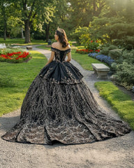 Black Satin Appliques Off-the-Shoulder Quinceanera Dress
