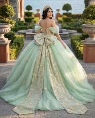 Ball Gown Sage Green Tulle Quinceanera Dress With Butterflies
