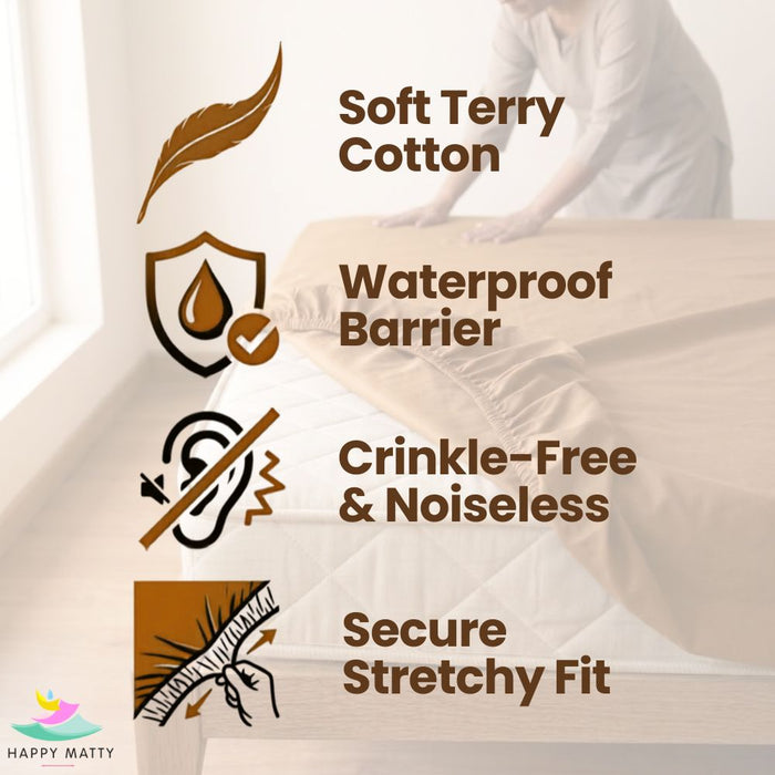 A promotional graphic for a bed sheet set showing a person smoothing a fitted sheet on a bed in a bright room. Large text lists product benefits: Soft Terry Cotton, Waterproof Barrier, Crinkle-Free & Noiseless, and Secure Stretchy Fit.